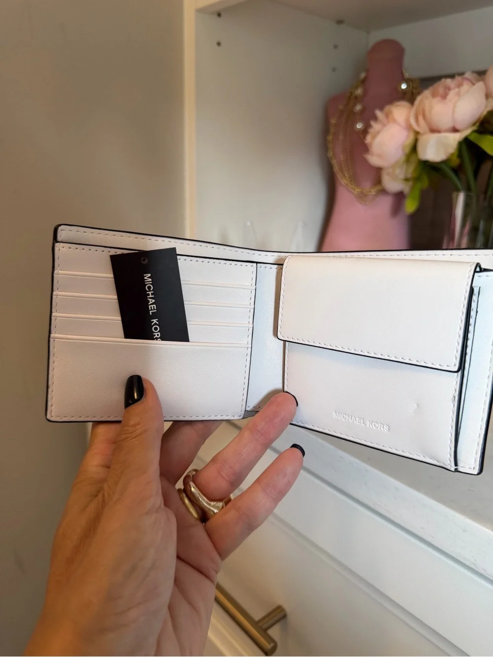 Michael Kors White Leather Bifold Wallet with Green Diagonal sport Stripes $178